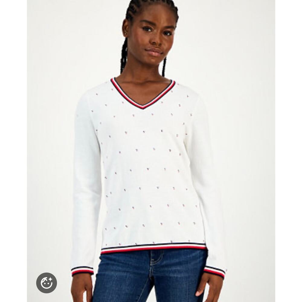 New Tommy Hilfiger Cotton Hotfix Cluster V-Neck Sweater M